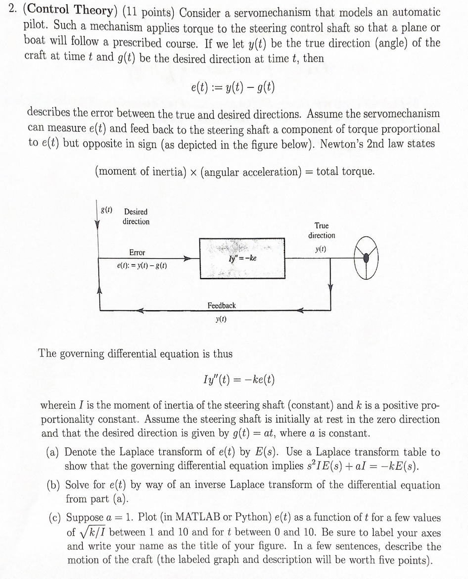 Solved 2. (Control Theory) (11 points) Consider a | Chegg.com