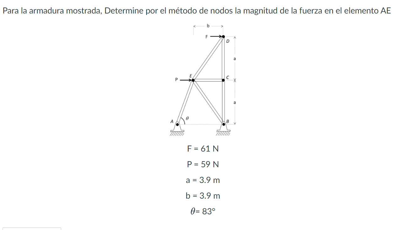 Para la armadura mostrada, Determine por el método de nodos la magnitud de la fuerza en el elemento \( A E \) \[ \begin{array