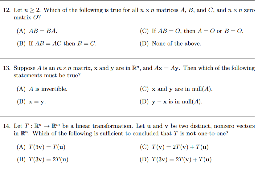 Solved 12 Let N 2 Which Of The Following Is True For Chegg Com