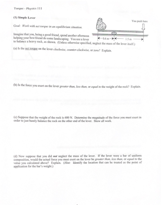 Solved Torque - Physics 111 (1) Simple Lever You push here | Chegg.com