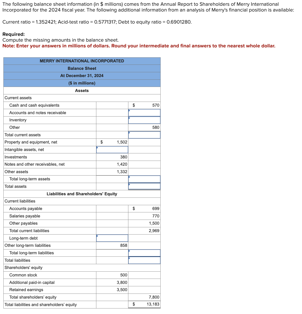 Solved The following balance sheet information (in \$ | Chegg.com