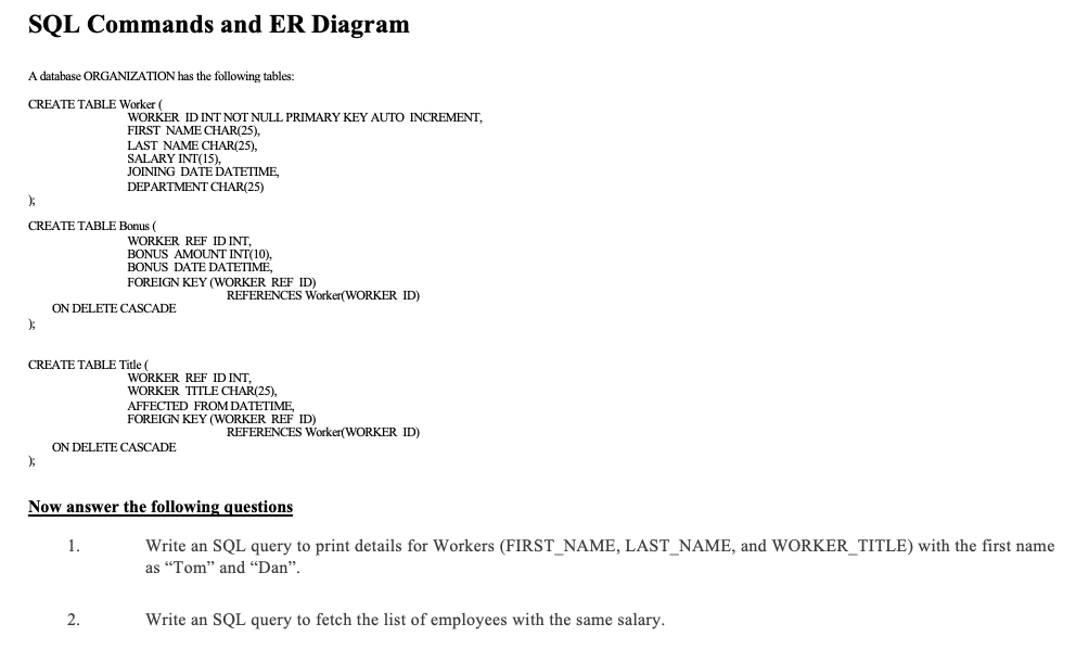 Solved SQL Commands and ER Diagram A database ORGANIZATION | Chegg.com