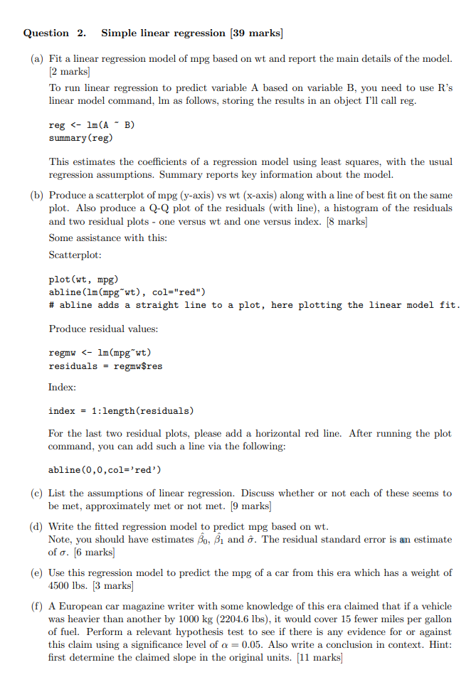 Solved Question 2. Simple linear regression (39 marks] (a) | Chegg.com