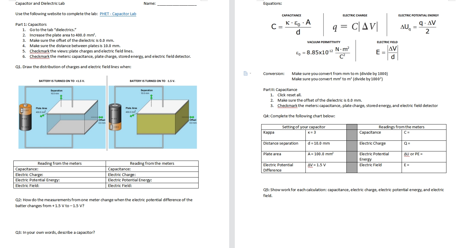 Solved Capacitor and Dielectric Lab Name Equations Use the