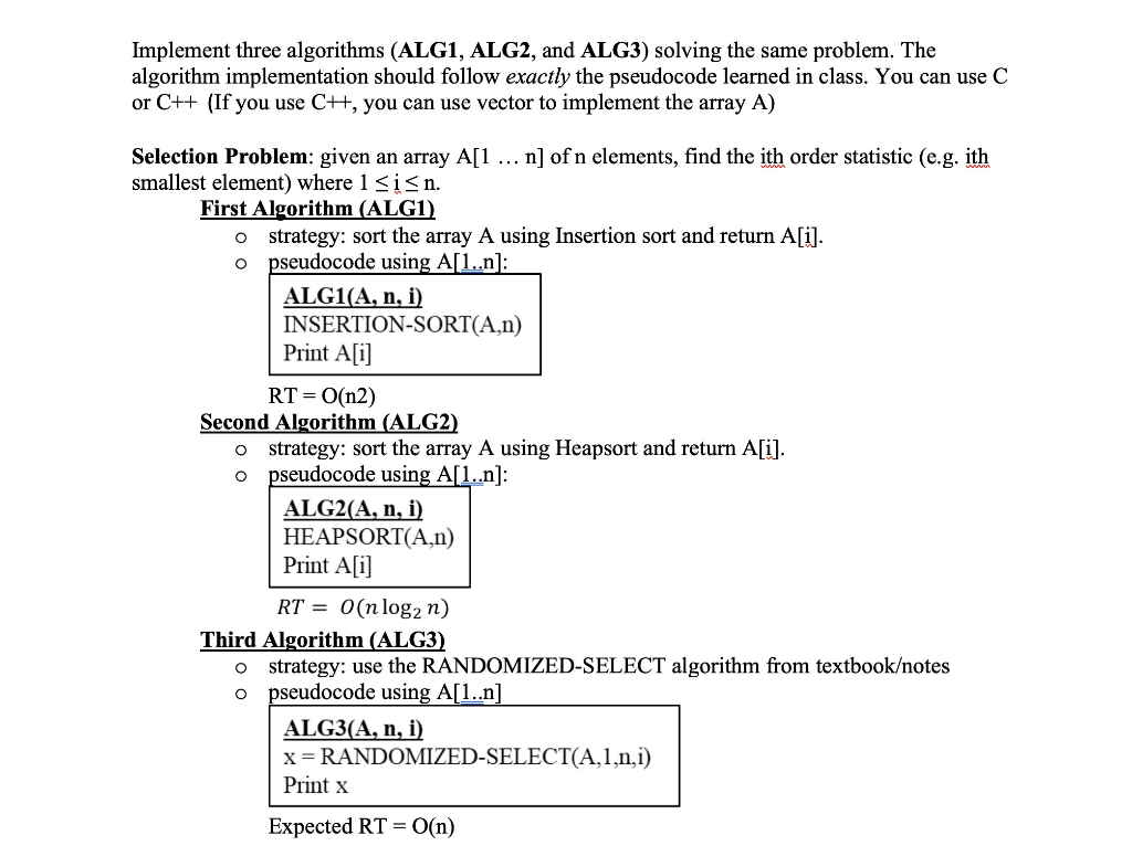 Implement three algorithms (ALG1, ALG2, and ALG3) solving the same problem. The algorithm implementation should follow exactl