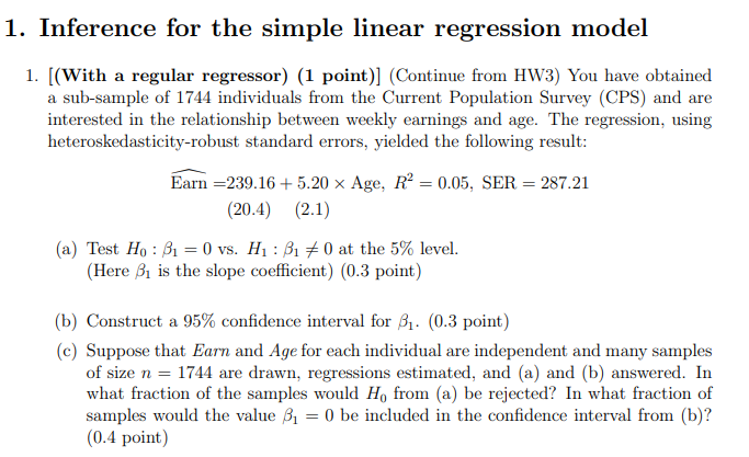 Solved 1. Inference for the simple linear regression model | Chegg.com