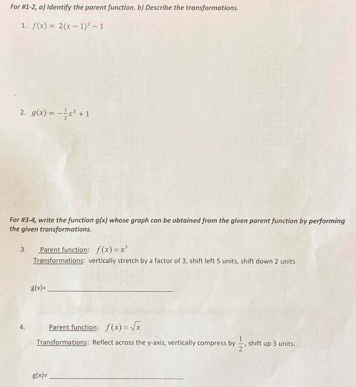 homework 2 2 parent functions and transformations