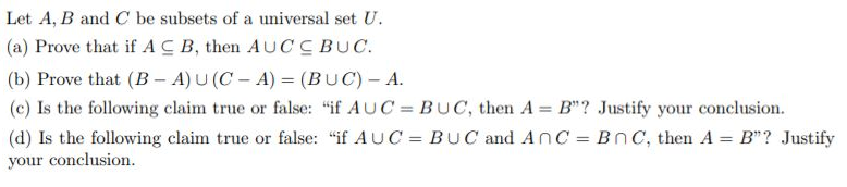 Solved Let A, B And C Be Subsets Of A Universal Set U. (a) | Chegg.com