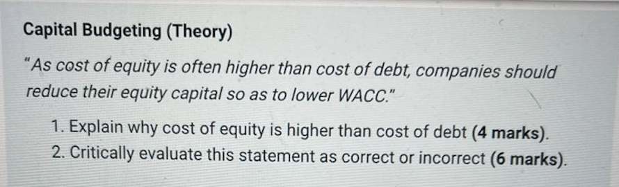 Solved Capital Budgeting (Theory) "As Cost Of Equity Is | Chegg.com