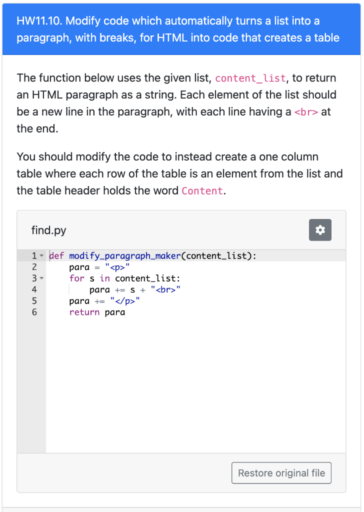 HW11.10. Modify code which automatically turns a list into a paragraph, with breaks, for HTML into code that creates a table
