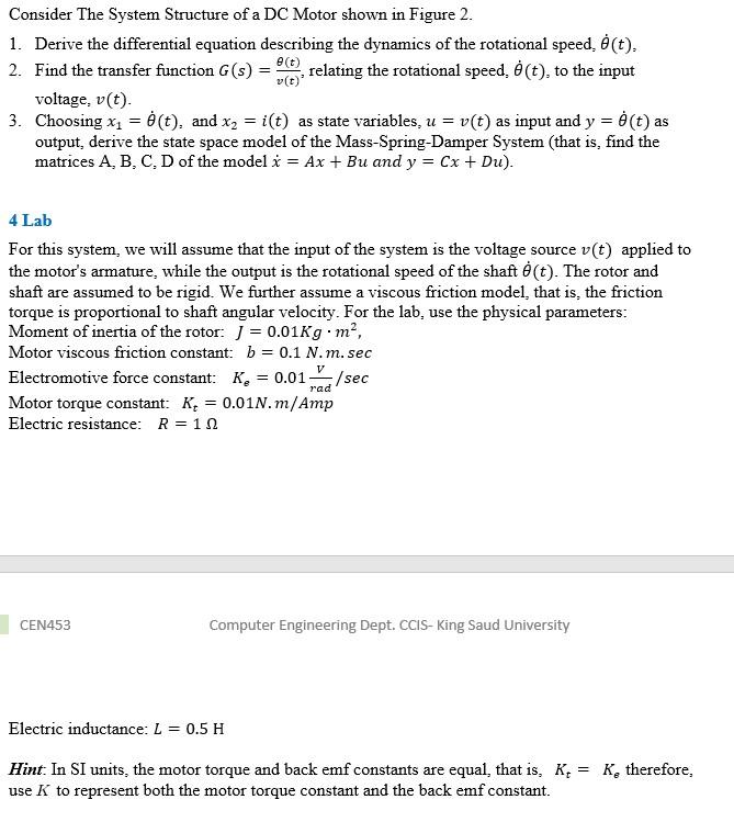 Solved Consider The System Structure of a DC Motor shown in | Chegg.com