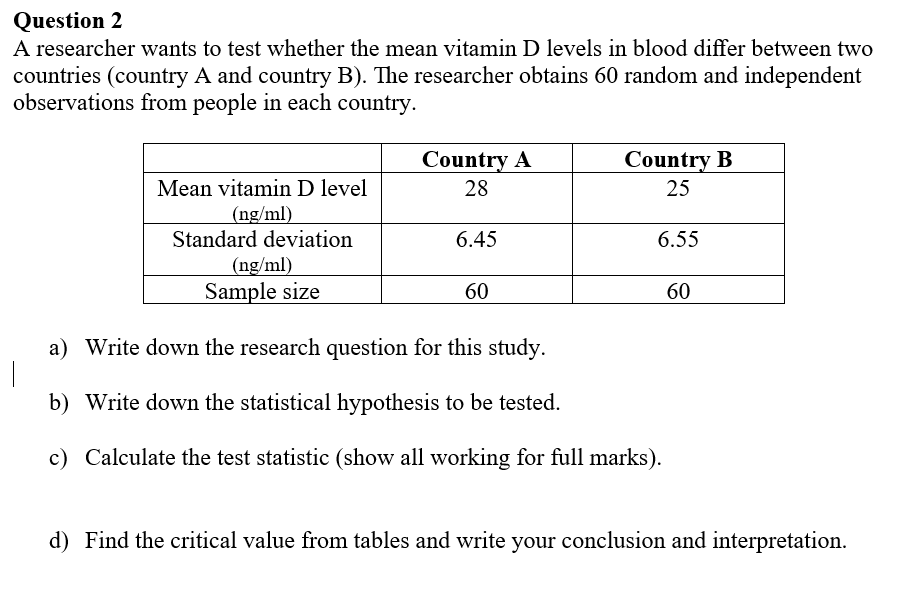 Solved Question 2 A researcher wants to test whether the | Chegg.com