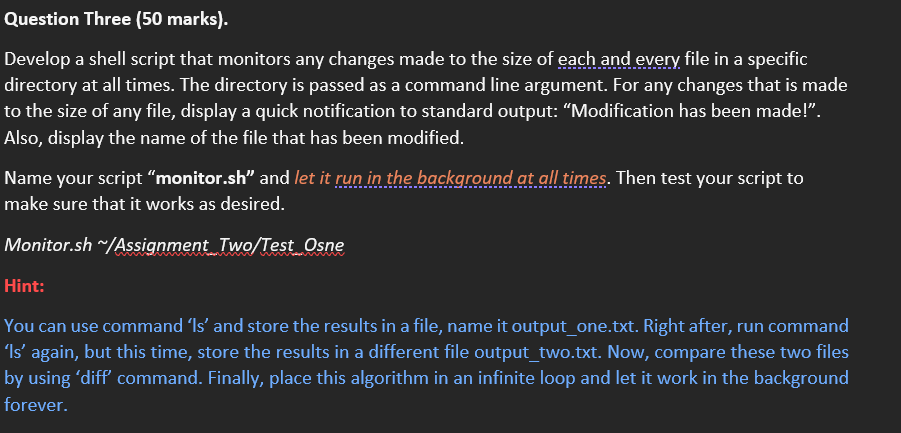Solved Question Three (50 marks). Develop a shell script | Chegg.com