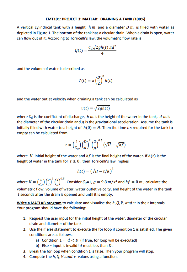 Solved EMT101: PROJECT 3: MATLAB: DRAINING A TANK (100%) A | Chegg.com
