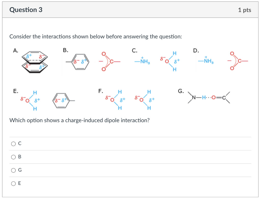 Consider the interactions shown below before answering the question:
A. B
C.
[
\( \mathrm{E} \)
F.
G.
Which option shows a ch