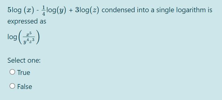 Solved Blog(z) condensed into a single logarithm is 5log (x) | Chegg.com