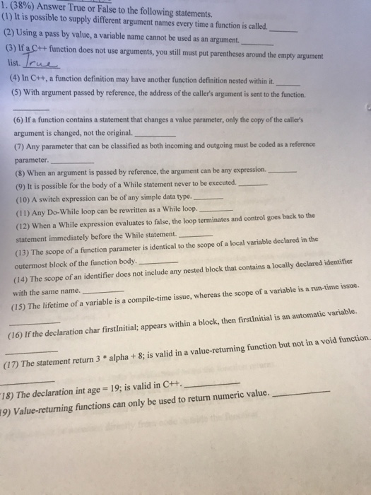 Solved 1·(38%) Answer True or False to the following | Chegg.com