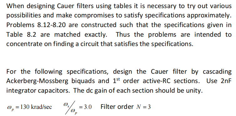 When designing Cauer filters using tables it is | Chegg.com
