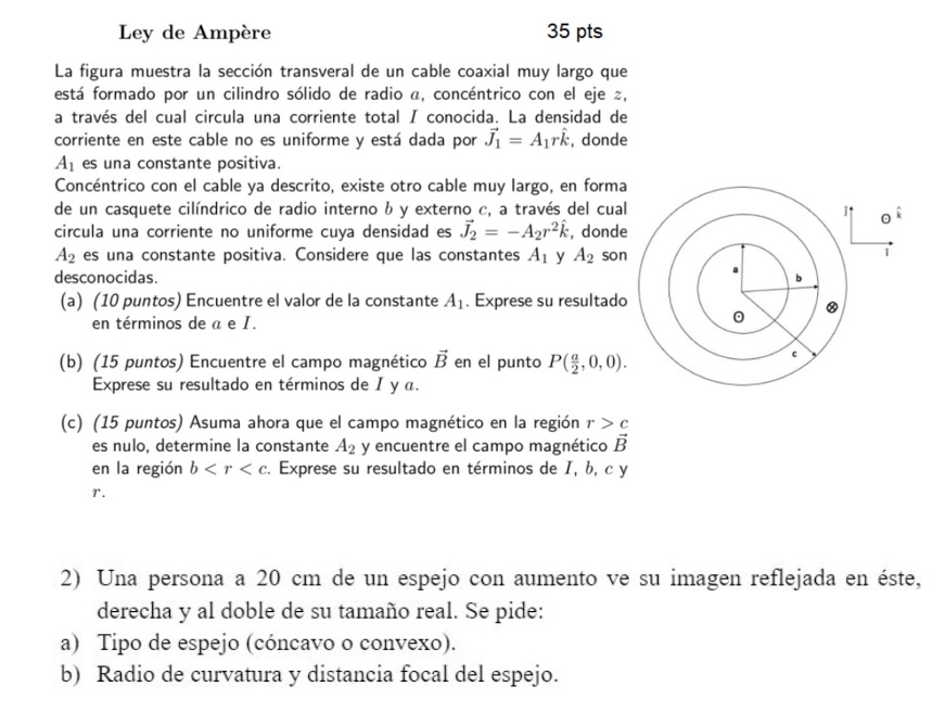 La figura muestra la sección transveral de un cable coaxial muy largo que está formado por un cilindro sólido de radio \( a \