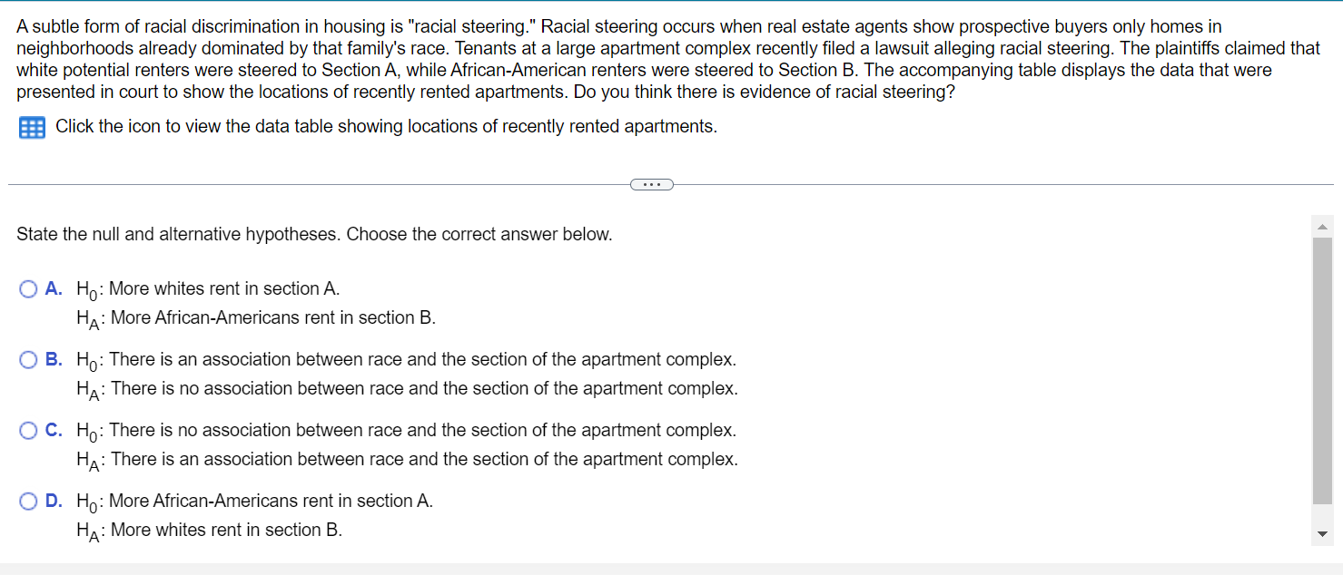 Solved A subtle form of racial discrimination in housing is | Chegg.com