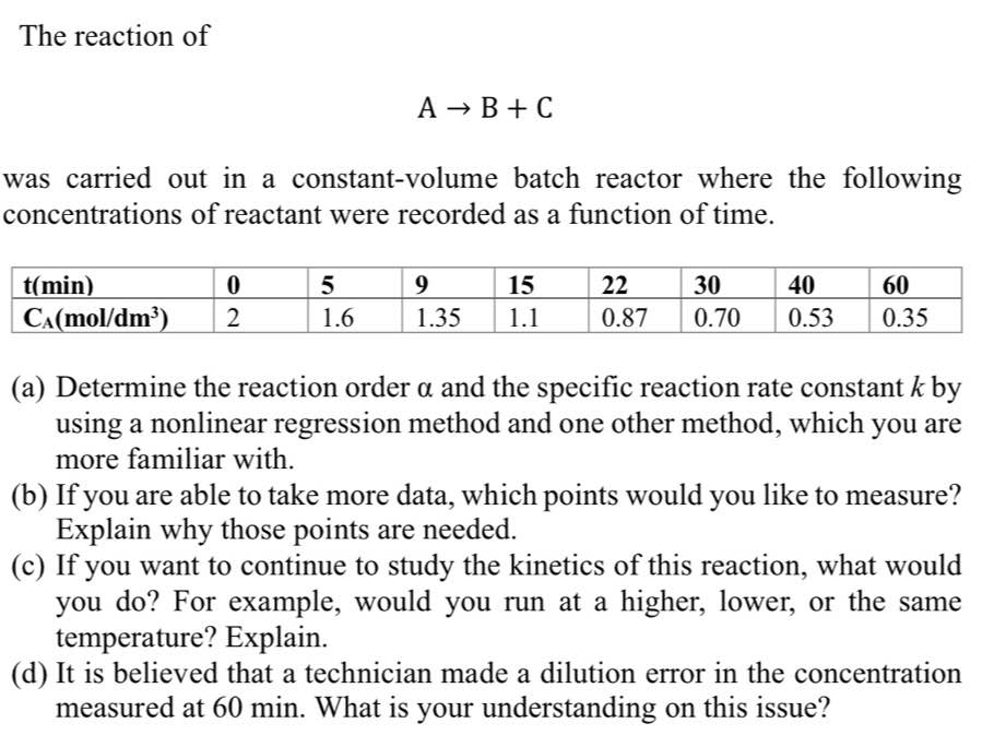 Solved The reaction of A → B +C was carried out in a | Chegg.com