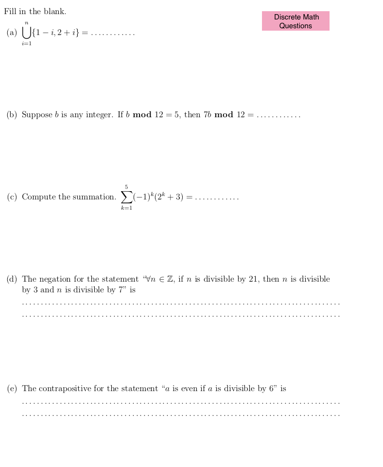 Solved Fill in the blank. Discrete Math Questions (a) Ü{1 – | Chegg.com