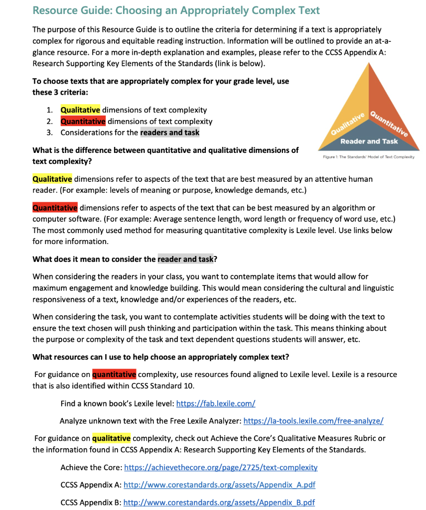 Resource Guide: Choosing an Appropriately Complex Text The purpose of this Resource Guide is to outline the criteria for dete