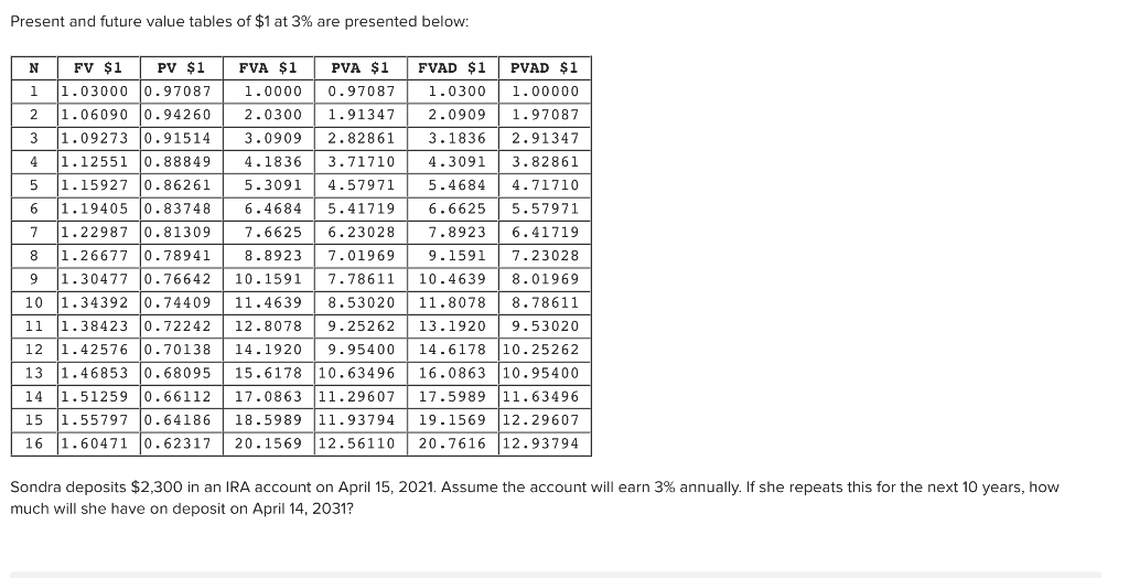 Solved Present and future value tables of $1 at 3% are | Chegg.com