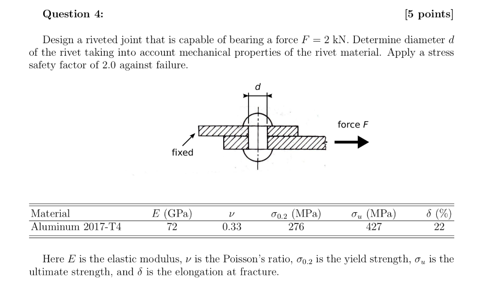 Solved Question 4 [5 points] Design a riveted joint that is