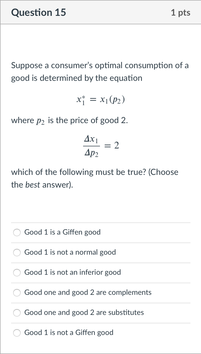 Solved Question 15 1 Pts Suppose A Consumer's Optimal | Chegg.com