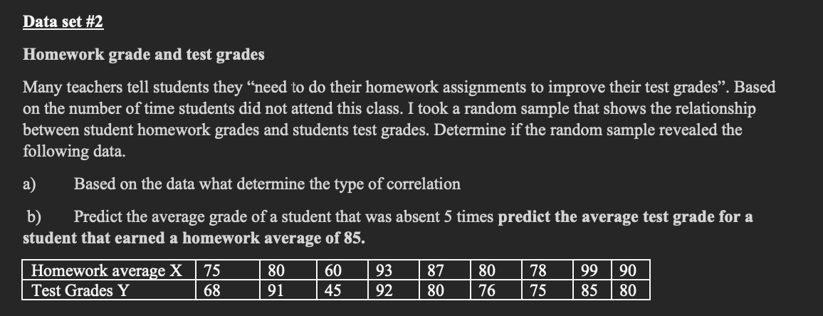 Solved Data set \#2 Homework grade and test grades Many | Chegg.com