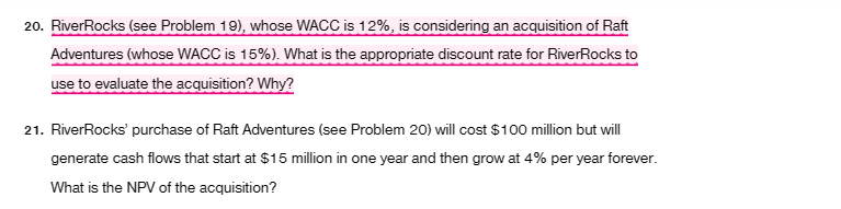 20. RiverRocks (see Problem 19), whose WACC is \( 12 \% \), is considering an acquisition of Raft
Adventures (whose WACC is 1