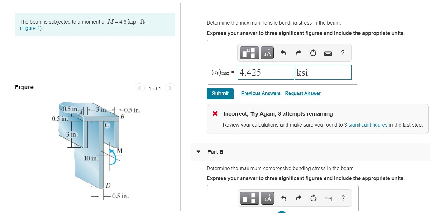 Solved The beam is subjected to a moment of M = 4.6 kip. ft. | Chegg.com