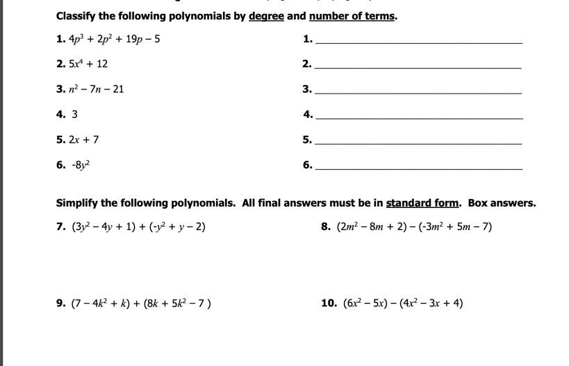 Solved Classify the following polynomials by degree and | Chegg.com