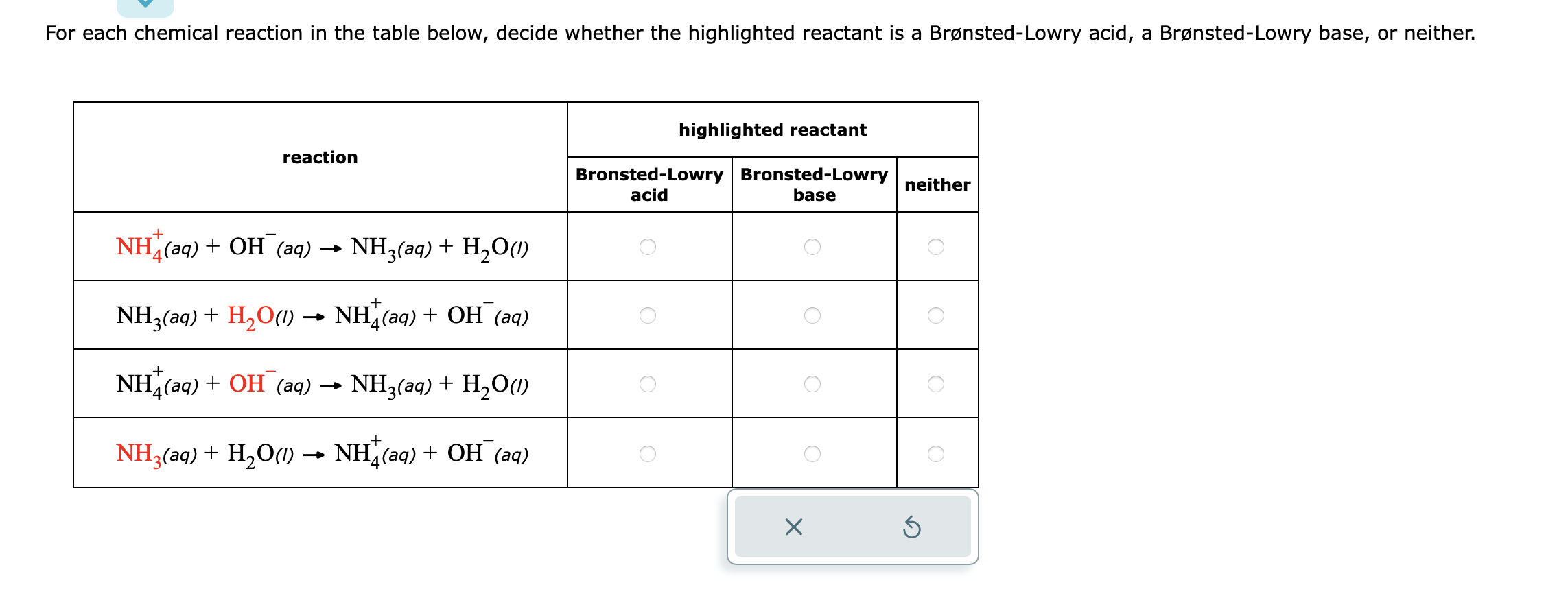 Solved For each chemical reaction in the table below, decide | Chegg.com