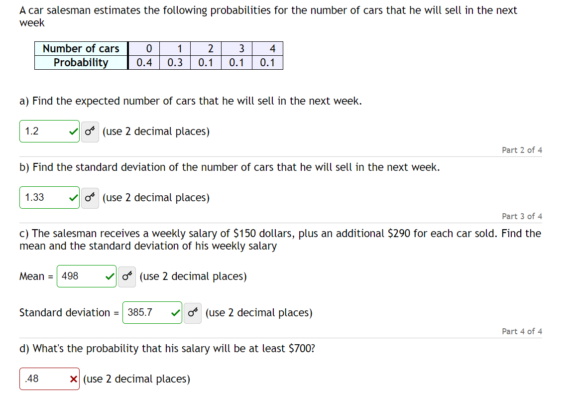 Solved A car salesman estimates the following probabilities | Chegg.com