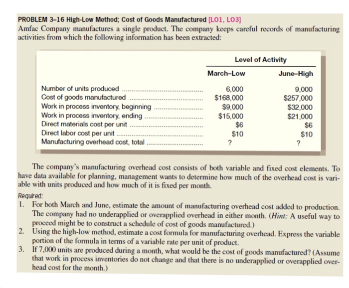 Solved PROBLEM 316 HighLow Method; Cost of Goods