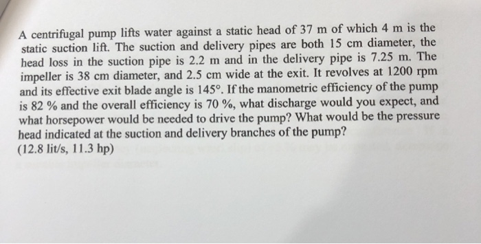 Solved A centrifugal pump lifts water against a static head | Chegg.com