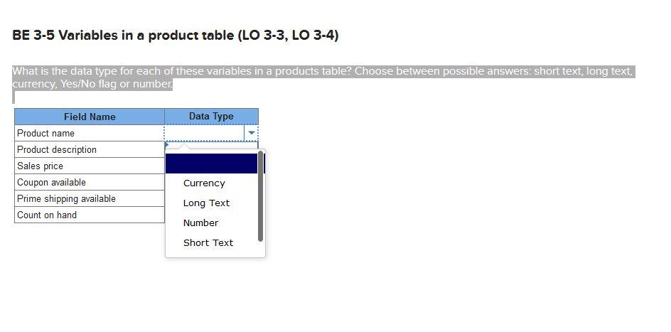 Solved BE 3-5 Variables in a product table (LO 3-3, LO 3-4) | Chegg.com