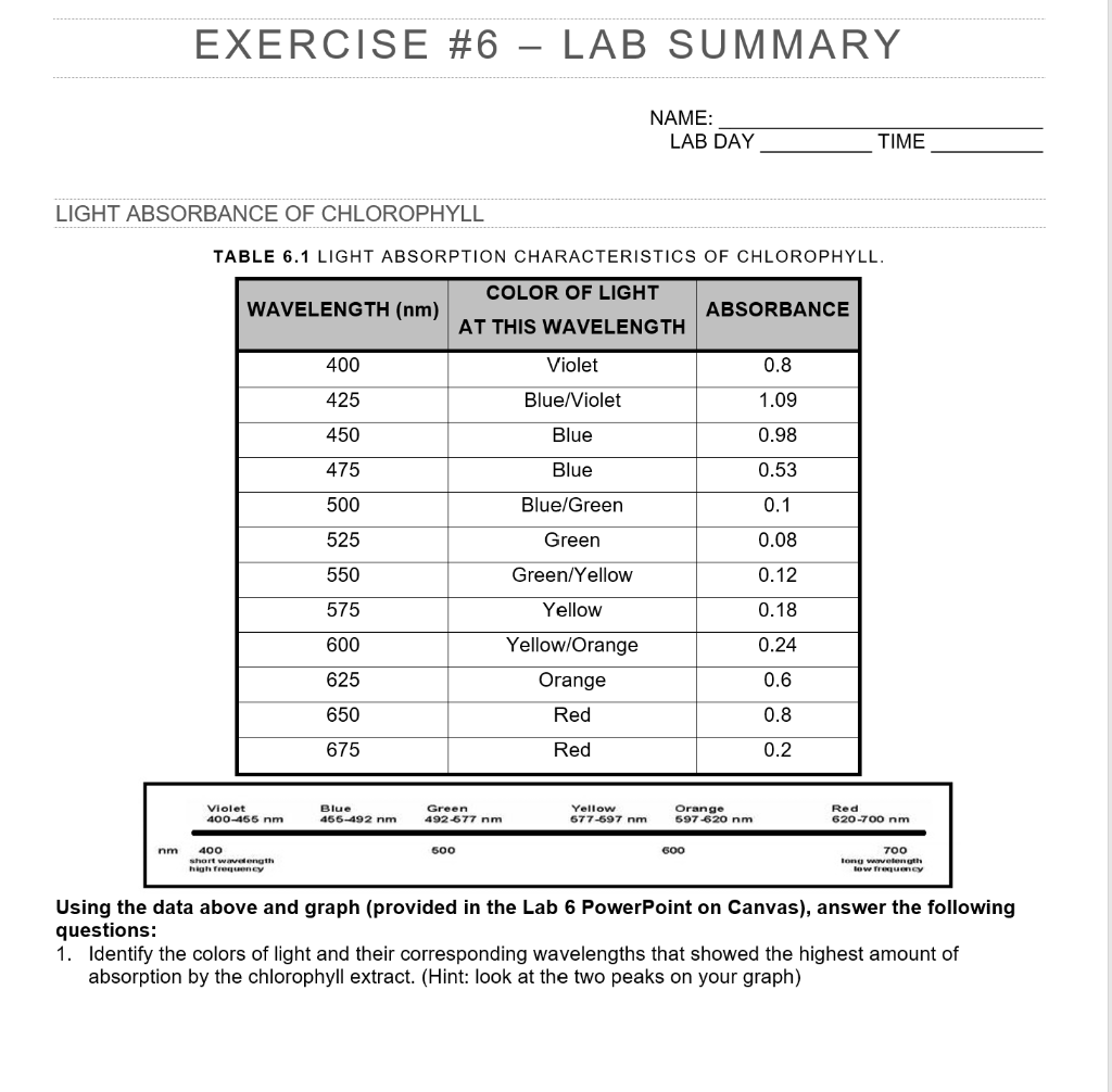 Solved EXERCISE #6 LAB SUMMARY NAME: LAB DAY TIME LIGHT