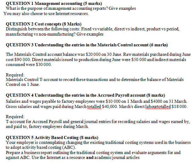 Solved QUESTION 1 Management accounting (5 marks) What is | Chegg.com