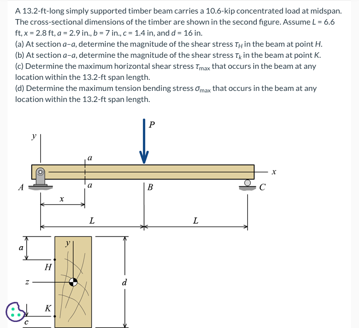 A 13.2-ft-long simply supported timber beam carries a 10.6-kip concentrated load at midspan. The cross-sectional dimensions o