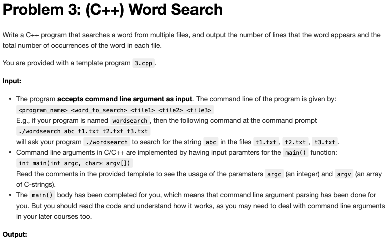 Problem 3: (C++) Word Search Write a C++ program that | Chegg.com