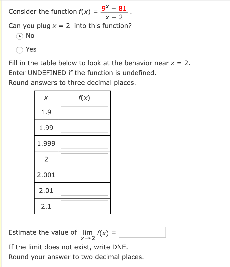 Solved Consider the function f(x) 9X – 81 X – 2 Can you plug | Chegg.com