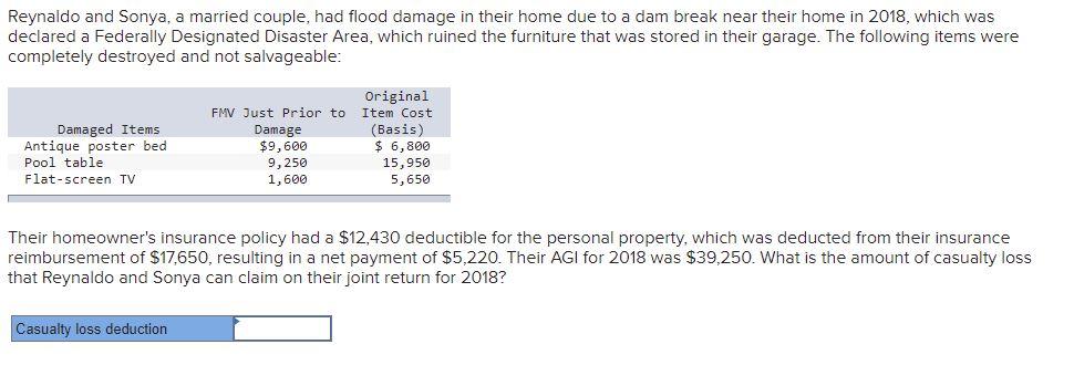 Solved Reynaldo and Sonya, a married couple, had flood | Chegg.com