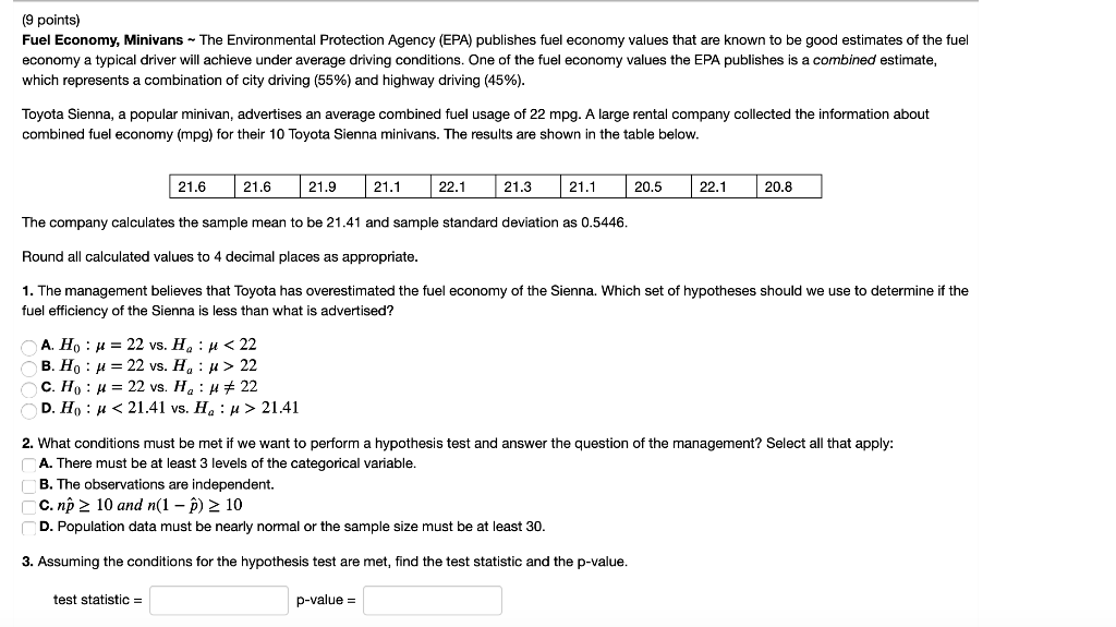 Solved (9 points) Fuel Economy, Minivans - The Environmental | Chegg.com