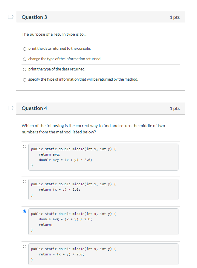 Solved Question 3 1 pts The purpose of a return type is | Chegg.com