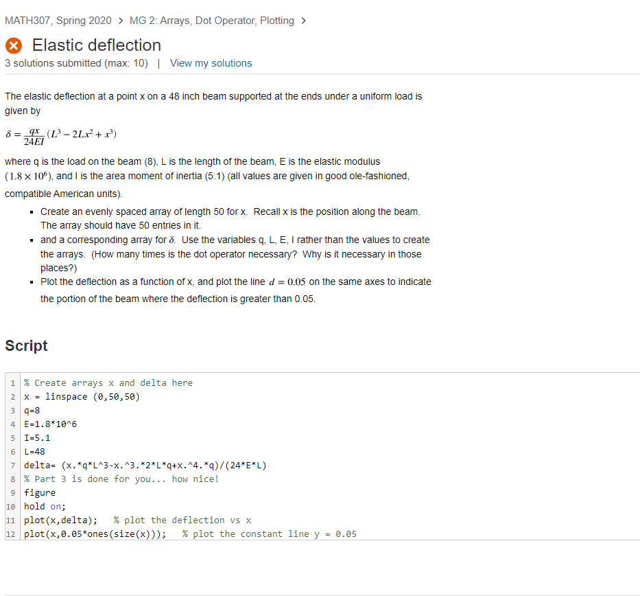 MATH307, Spring 2020 > MG 2: Arrays, Dot Operator, Plotting > » Elastic deflection 3 solutions submitted (max: 10) | View my