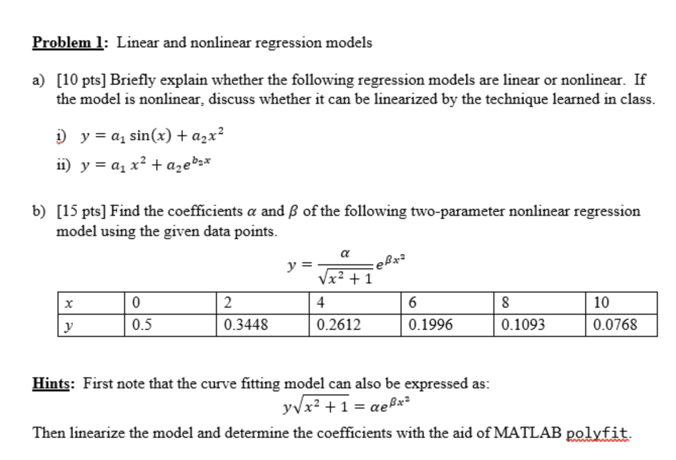 Problem 1: Linear and nonlinear regression models a) | Chegg.com