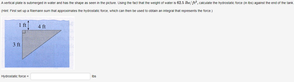 fluid force on vertical side of tank the weight density of water is 62.4 trapezoid
